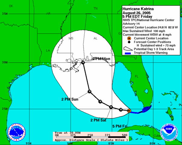 Map: Hurricane Katrina - August 26, 2005 5PM EDT, Thursday. NWS TPC/National Hurricane Center Advisory 14. Current Center Location 24.8 N 82.9 W. Max Sustained Wind 100 MPH. Current Movement WSW at 8 MPH. -- Legend: Red circle with black dot in center: Current Center Location; Big black dot=Forecast Center Positions; Black dot with H in center= Sustained wind greater than 73 MPH; Black dot with S in center= Sustained wind 39-73 MPH; White cone with large round end= Potential Day 1-3 Track Area; Thick blue Line= Tropical Storm Warning.