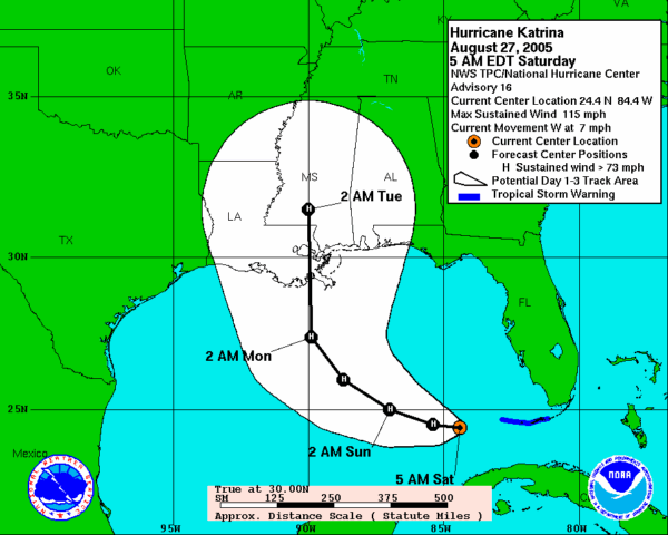 Map: Hurricane Katrina - August 27, 2005 5AM EDT, Saturday. NWS TPC/National Hurricane Center Advisory 16. Current Center Location 24.4 N 84.4 W. Max Sustained Wind 115 MPH. Current Movement W at 7 MPH. -- Legend: Red circle with black dot in center: Current Center Location; Big black dot=Forecast Center Positions; Black dot with H in center= Sustained wind greater than 73 MPH; White cone with large round end= Potential Day 1-3 Track Area; Thick blue Line= Tropical Storm Warning.