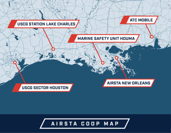 Map: Highlighting locations of USCG Sector Houston, USCG Station Lake Charles, Marine Safety Unit Houma, AIRSTA New Orleans, and ATC Mobile