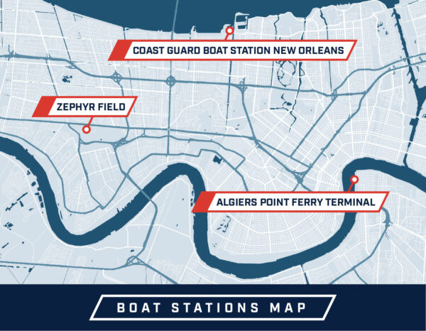 Map: Highlighting locations of ephyr Field, Coast Guard Boat Station New Orleans, and Algiers Point Ferry Terminal