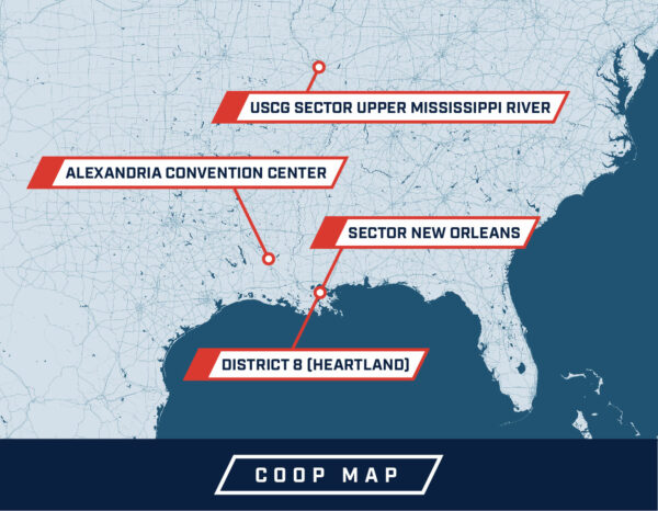 Map: Highlighting locations of USCG Sector Upper Mississippi River, Alexandria Convention Center, Sector New Orleans, and District 8 (Heartland).