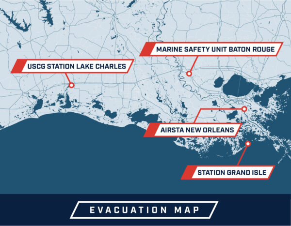 Map: Highlighting locations of USCG Station Lake Charles, Marine Safety Unit Baton Rouge, AIRSTA New Orleans, and Station Grand Isle.