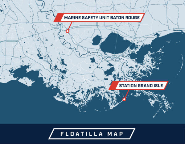 Map: Highlighting locations of Marine Safety Unit Baton Rouge, and Station Grand Isle.