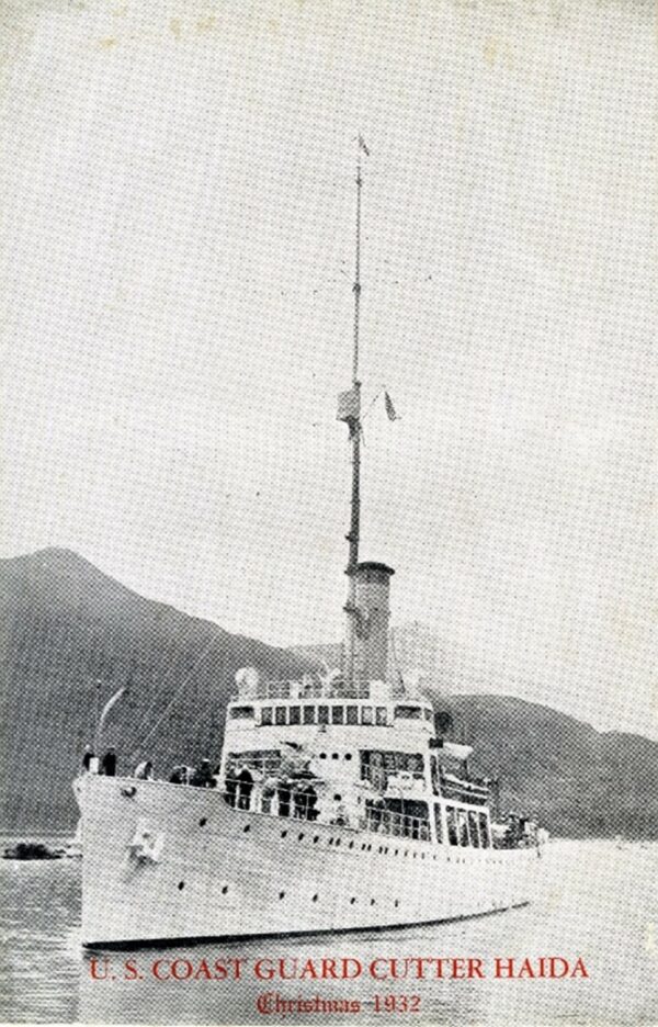 Cover of the Menu with a photo of USCG Cutter Haida, 1932.