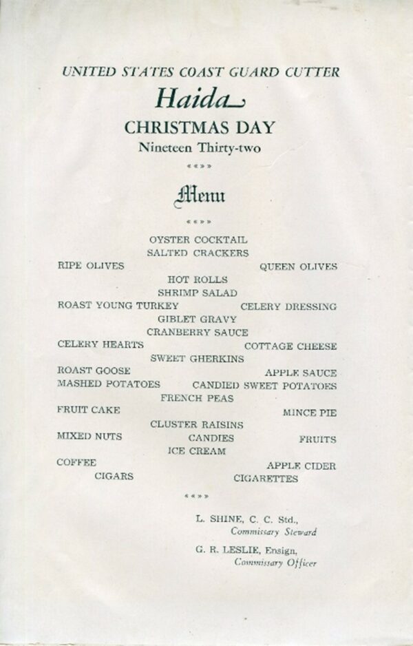 Menu of courses for USCG Cutter Haida, 1932.