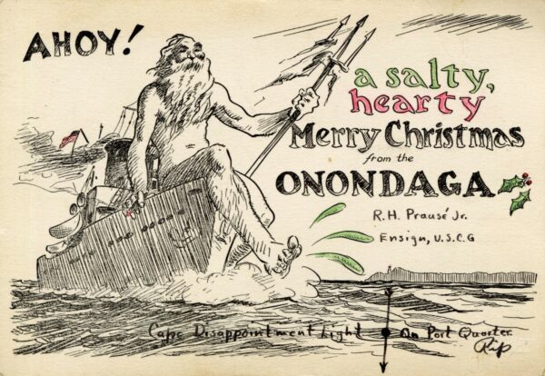 Illutration of Neptune on the prow of a ship with the text 