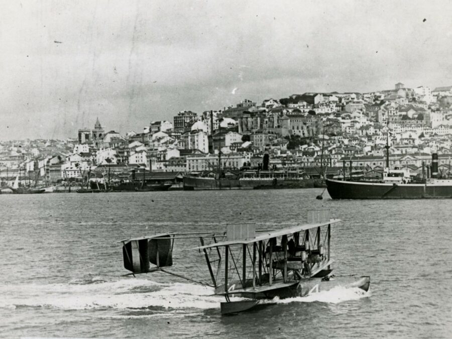 NC-4 landing in the Tagus River, Lisbon, Portugal. The worst of the Atlantic Crossing was over, but NC-4 suffered a mechanical breakdown on its final leg from Lisbon to Plymouth, England.