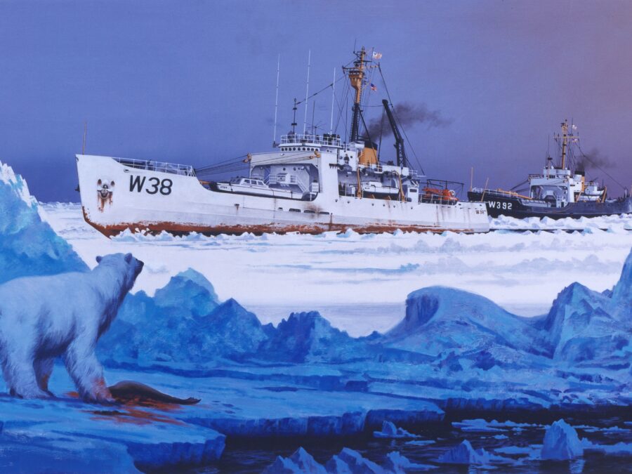 A Painting showing ships breaking through ice from the viewpoint of a nearby polar bear.