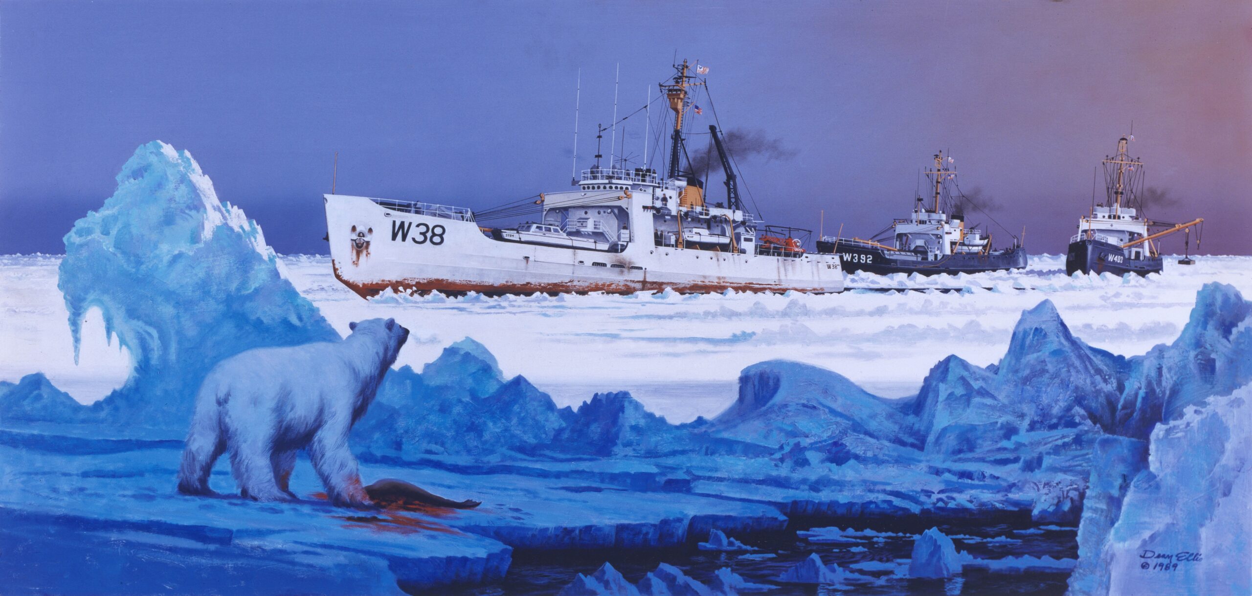 A Painting showing ships breaking through ice from the viewpoint of a nearby polar bear.