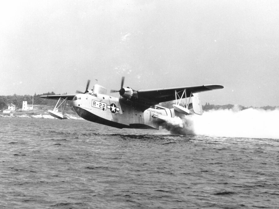Photo: A U.S. Coast Guard PBM takes off from the water assisted by RATO (Rocket assisted take-off).