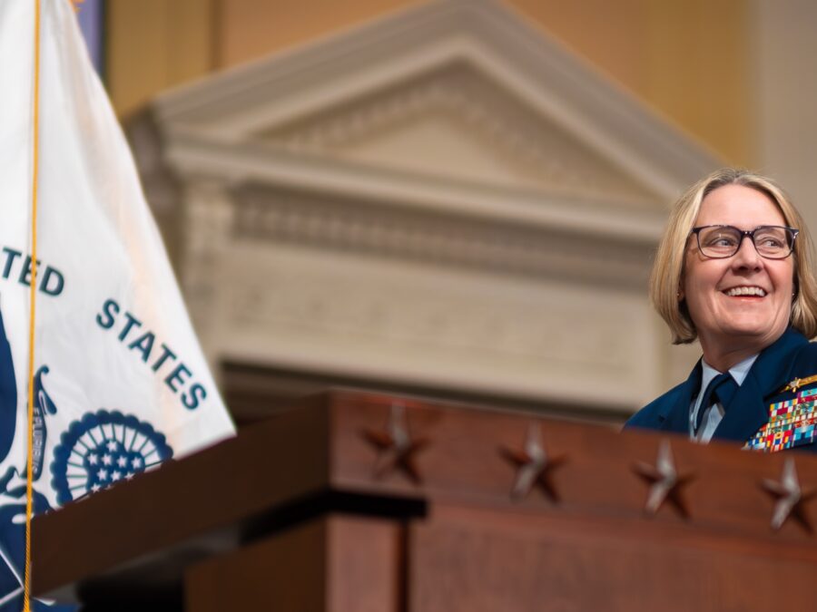 Photo: Admiral Linda L. Fagan standing behind a podium.