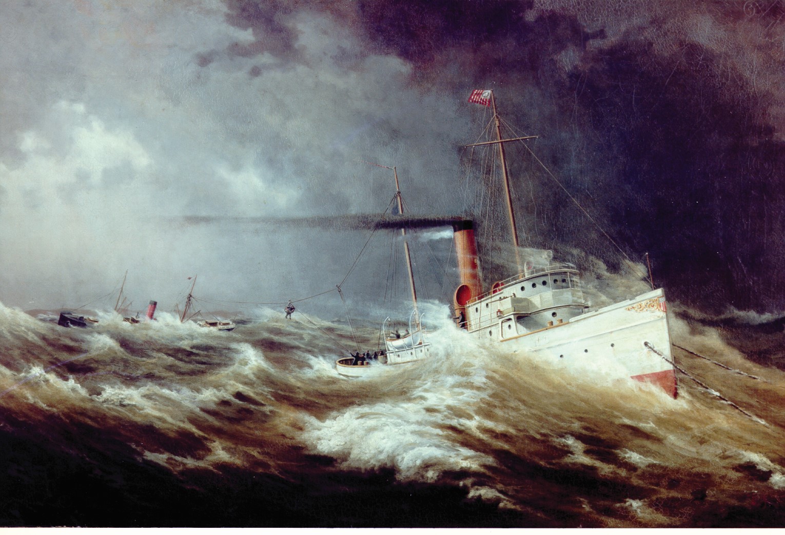 Painting of the Revenue Cutter Snohomish rescuing the lumber steamer Nika in rough, stormy waters.