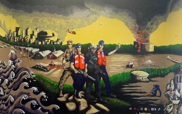Painted image of four guys, two in blue uniforms and life jackets, one in fatigues, and another in a blue uniform standing next to waves and in front of brown water with boats and flooded homes in the background, a helicopter in the air, a view of the city with the Superdome, and a burning oil tank.