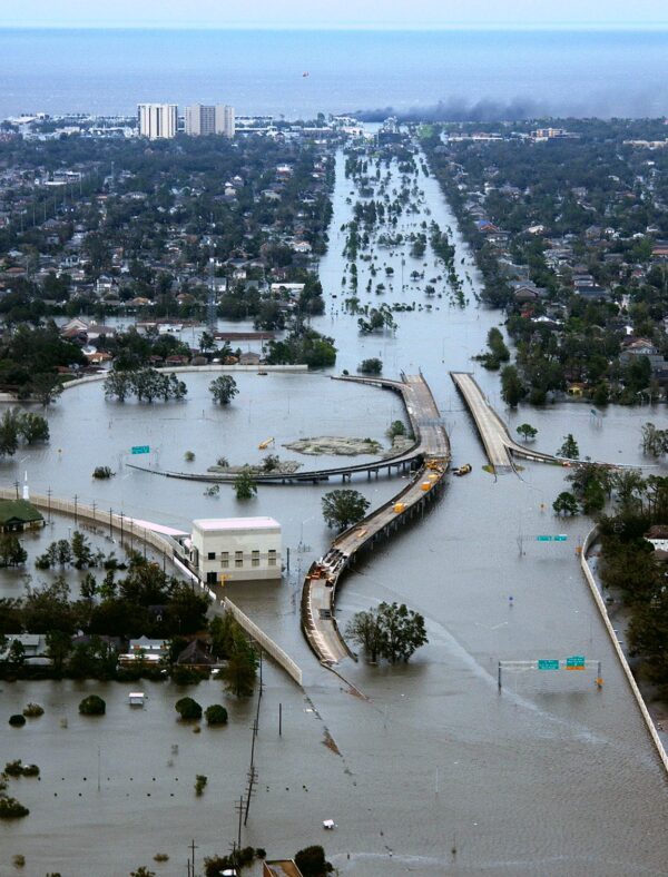 Photo: Aerial view of New Orleans showing the city’s flooded streets after the levees broke.