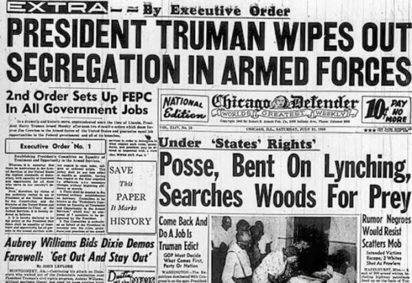 Cover page of the Chicago Defender newspaper with the primary headline “Extra - by Executive Order President Truman Wipes Out Segregation in Armed Forces”