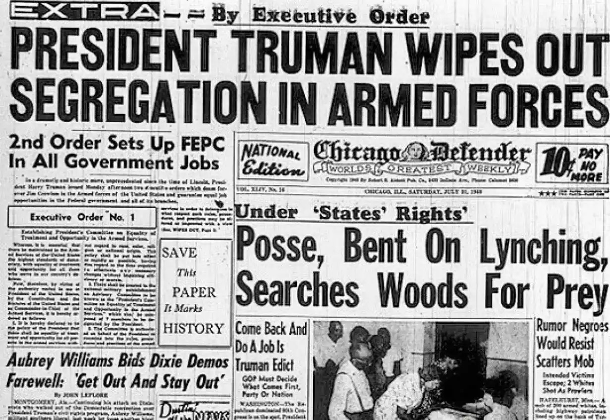 Cover page of the Chicago Defender newspaper with the primary headline “Extra - by Executive Order President Truman Wipes Out Segregation in Armed Forces”