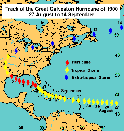 Chart: Storm track map showing the Galveston Hurricane starting as a tropical storm in the Atlantic and gaining strength to become a hurricane near the western end of Cuba. Once the hurricane hit Galveston it became a tropical storm again, then downgraded into an extra-tropical storm over Iowa before heading northeast back out to the Atlantic.