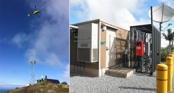 Photo: Left: A helicopter helps with the installation of a Rescue 21 remote fixed facility tower. Right: Equipment shed with satellite dish.