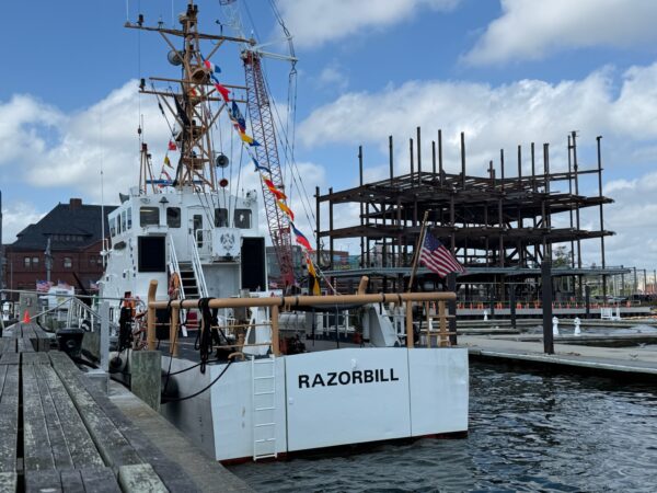 Razorbill docked outside the museum construction site.