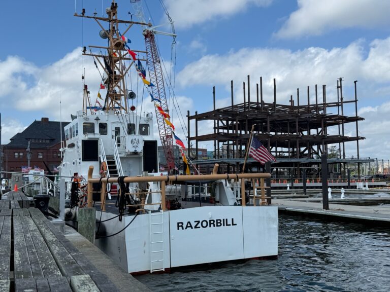 Razorbill docked outside the museum construction site.