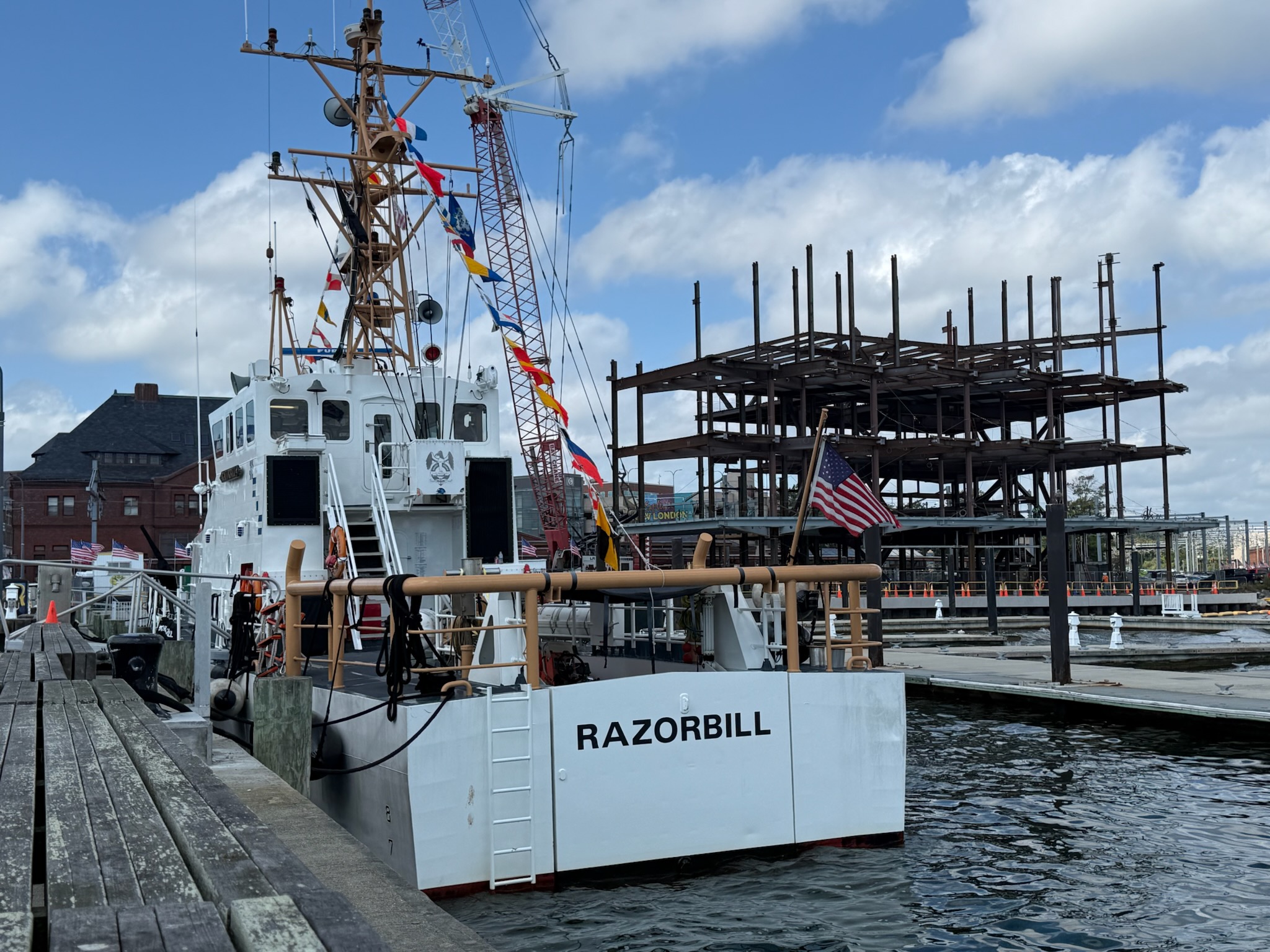 Razorbill docked outside the museum construction site.