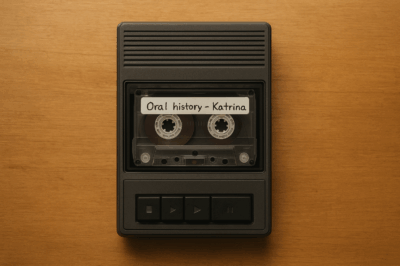 Digital illustration: Audio cassette player with the cassette labeled as 